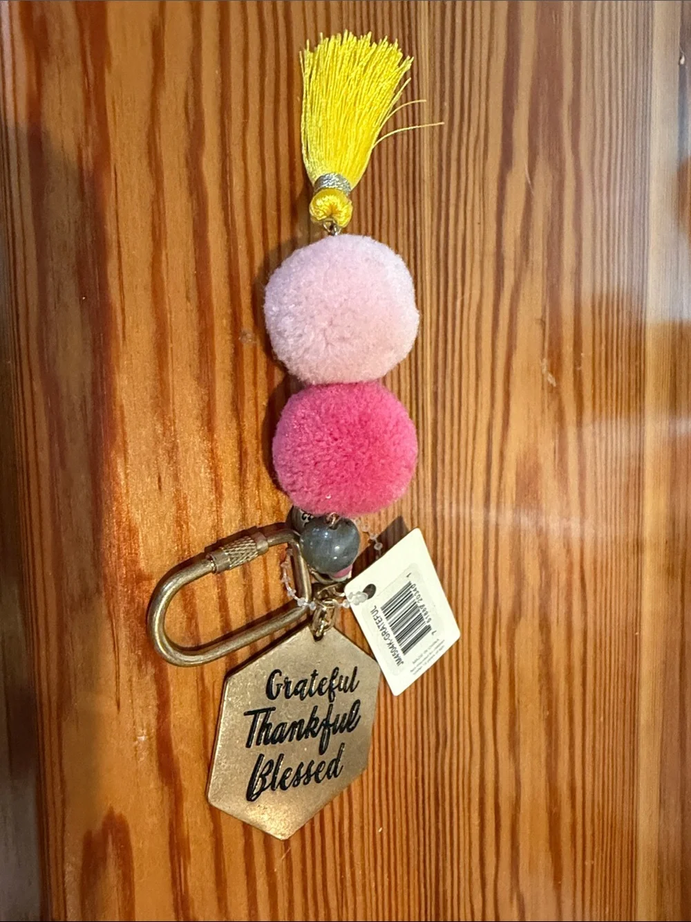 Tassel Pom Pom Keychain with 'Grateful Thankful Blessed' Charm - Pink & Yellow